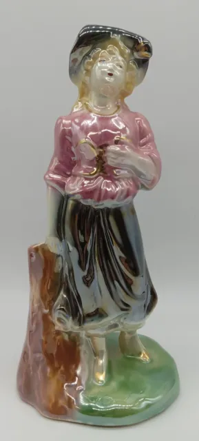 Vintage Ceramic Iridescent Painted Standing Woman Near Log Figure Figurine 8"