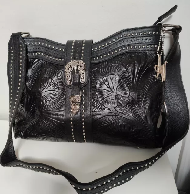 Vintage American West Black Tooled Leather Silver Studded Crossbody Purse Large