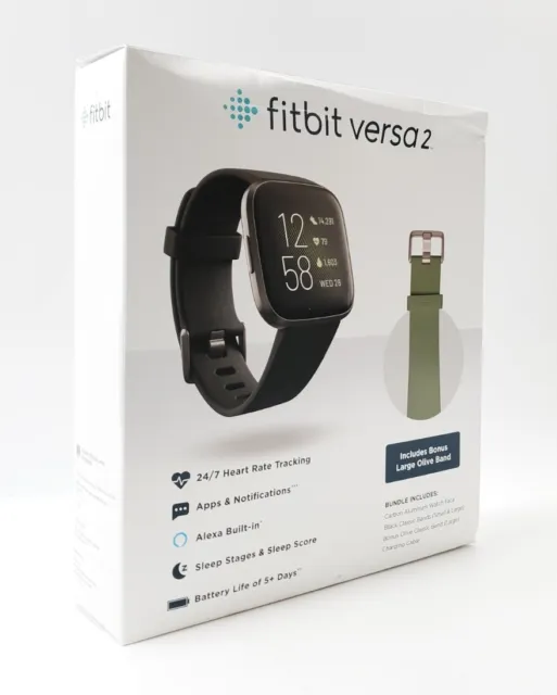 Fitbit Versa 2 Smartwatch Carbon (Black) with Bonus Bands (Olive)