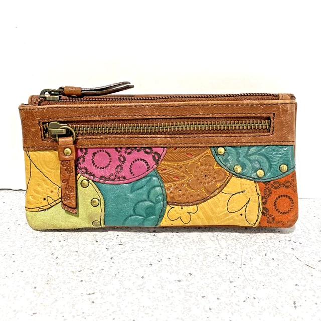 Fossil Leather Wallet Colorful Patchwork Boho Hippie Chic Zipper Clutch Purse