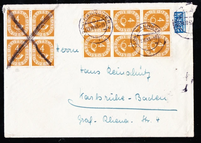 Bund Posthorn, 4 Pf Mi. 124 im 6er-Block und 4er reine MeF Brief "Hannover"