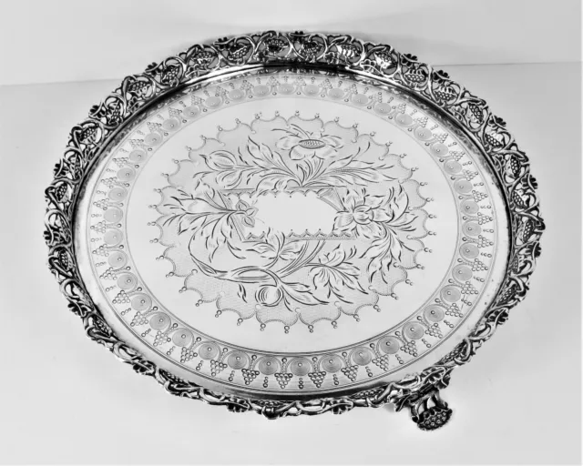 Salver / tray three feet very beautiful engraved work solid silver –19th century