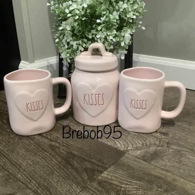 RAE DUNN Valentines Day LL "KISSES" Pink Canister With 2 Matching Mugs