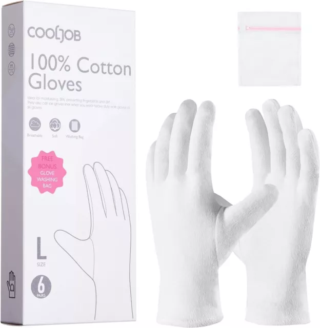 COOLJOB White Cotton Gloves for Women and Men, 6 Pairs Eczema Gloves - L