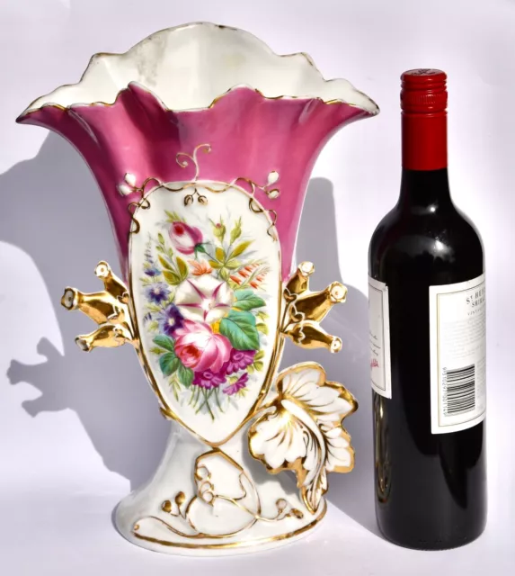 Antique French Mantle Vase Hand Painted Floral Sprays & Moulded Leaf/Flower 34cm