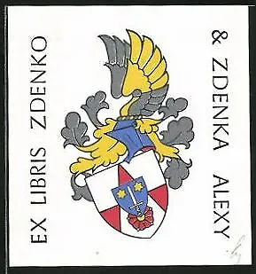 Exlibris Zdenko & Zdenka Alexy, Wappenschild mit Schwert, geflügelter Ritterhel