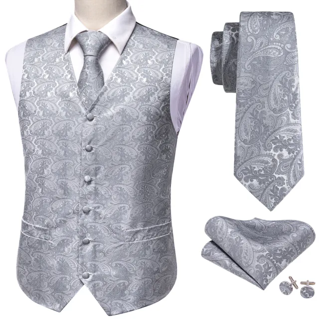 Cravatta gilet di seta formale da uomo grigio chiaro argento paisley floreale paisley matrimonio