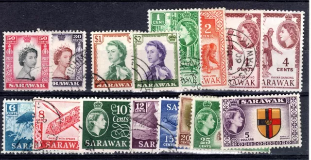 QE11 SARAWAK 1955 SET OF 15 PLUS SG. 190a 4 CENT BROWN PURPLE ALL SUPERB USED