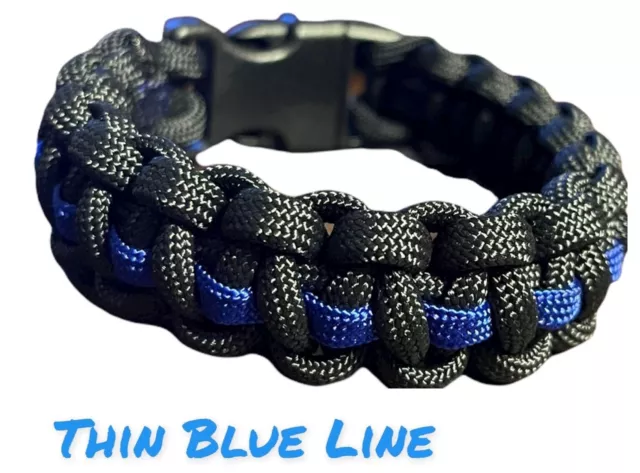 Police Thin Blue Line Paracord Survival Bracelet Black/Blue w/Buckle Options