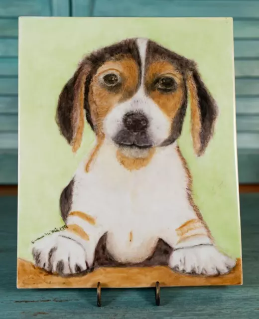 Vintage 1981 Hand Painted Beagle Puppy Dog 8x10 Ceramic Art Tile Artist Signed