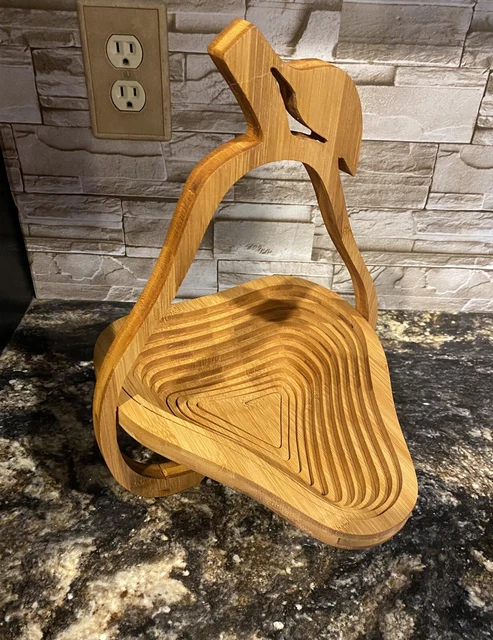 Wooden Pear Shaped Collapsible Basket Trivet Carved Fruit Bowl Spiral Cut Decor