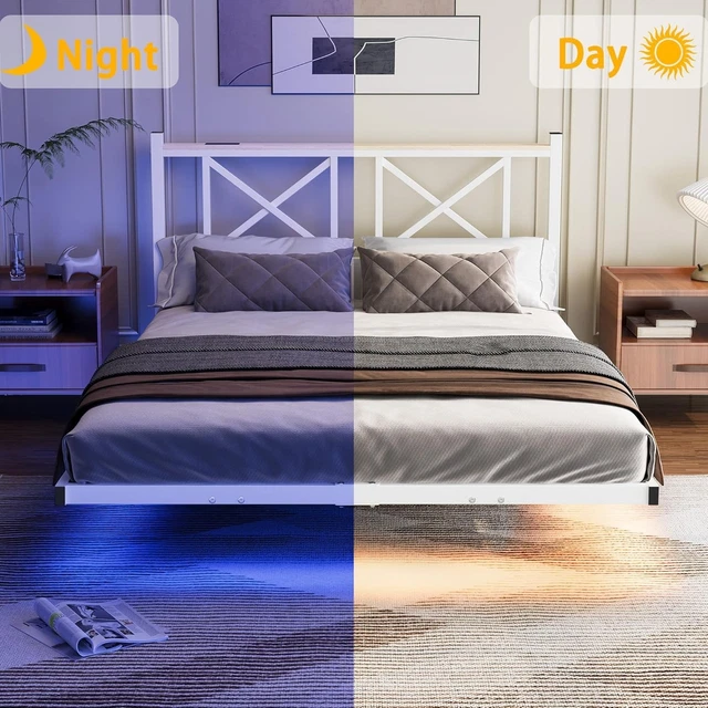 4FT6 DOUBLE FLOATING Bed Frame with LED Lights and Charging Station ...