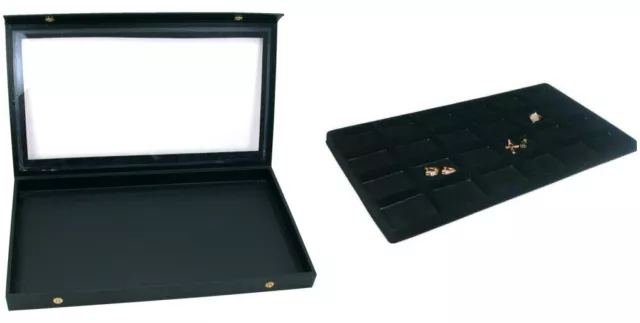 Black Glass Top Jewelry Case (Snap close lid) w/ Black 24-slot Plastic Tray