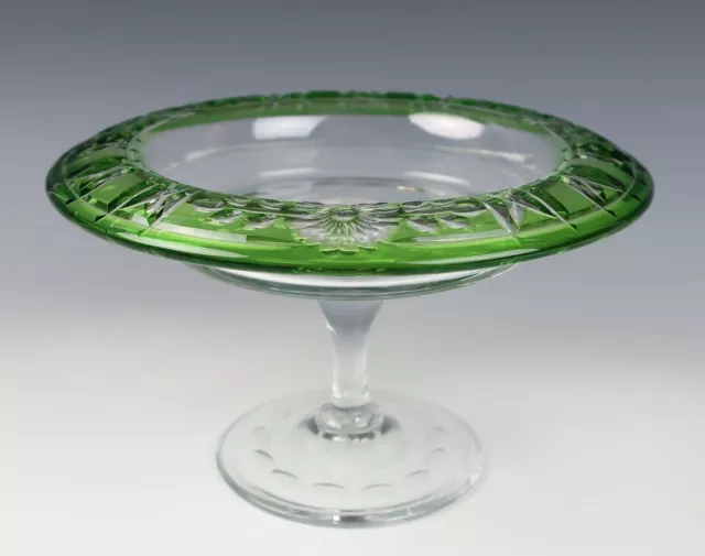 Antique / Vintage English Engraved Green Cut to Clear Glass Crystal Compote Webb