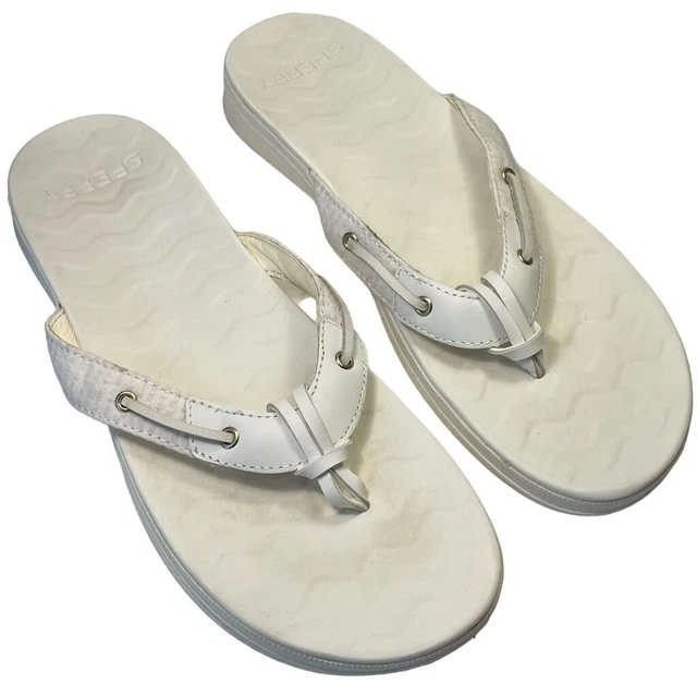 Sperry Top-Sider Womens Flip Flop Sandals White Leather Flat Heel Slide Shoes 11