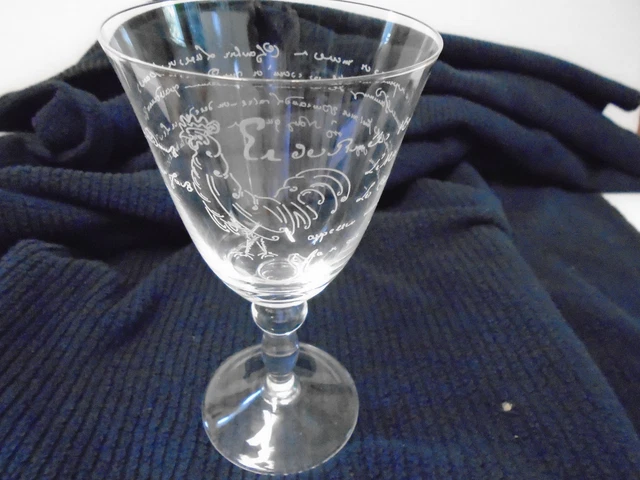 2 Two Rooster Etched Water Goblet Glass French Writing Clear 7 1/2" Tall Poultry 2