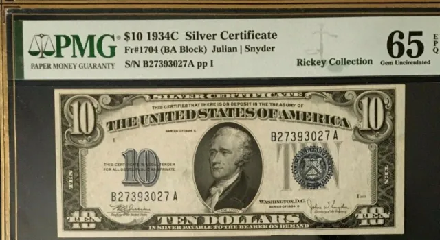1934C $10 Silver Certificate Pmg65 Epq Gem Uncirculated, Julian/Snyder   3795