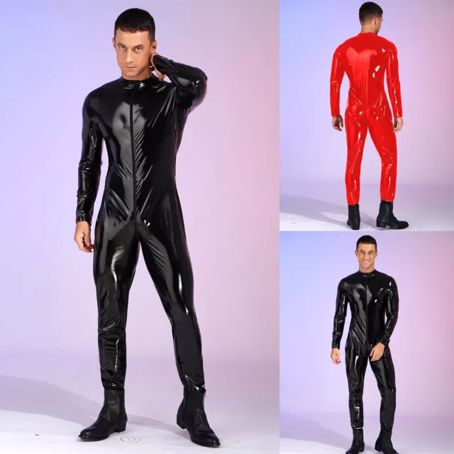 Männer Bodysuit WetLook Langarm Lackleder Overall Reißverschluss Schritt Catsuit