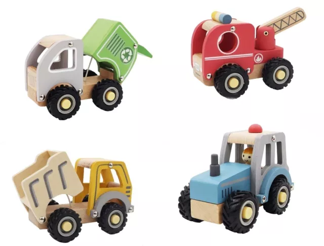 FOUR Wooden Toy TRUCK Set Log Barrel Tanker Dump Truck Wood Tractor Trailer  USA