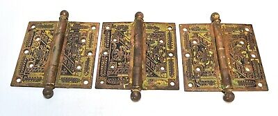 3 Unique Large Matching Brass Finish Eastlake Style 5 X 5 Cannonball Pin Hinges