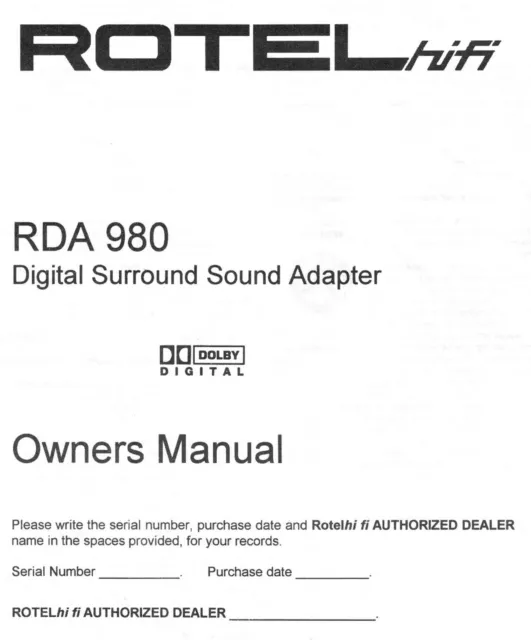 Bedienungsanleitung-Operating Instructions pour Rotel RDA-980