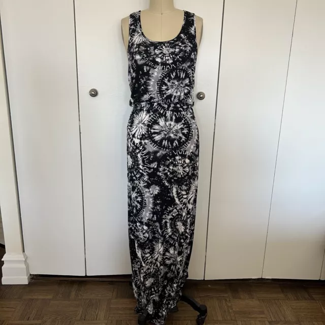 Monteau Women’s Maxi Dress Tie Dye Racerback Black Gray White Stretch Size M