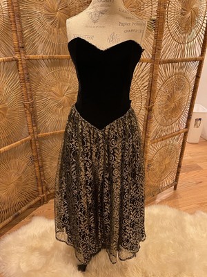 Vintage Scott McClintock strapless velvet/lace black &gold SZ 12 full skirt 80s