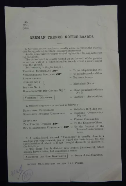 WW1 British Battle of THE SOMME era Document on "GERMAN TRENCH NOTICE BOARDS"