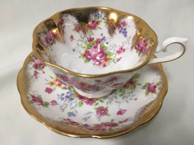 Royal Albert Pink Cabbage Rose TEA CUP & SAUCER with Heavy Gold