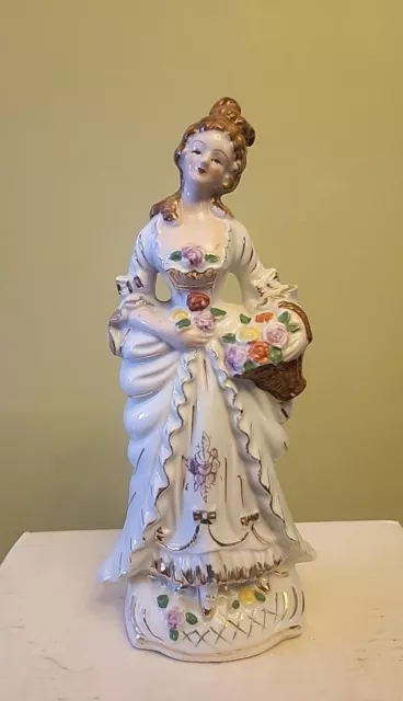 Vintage Victorian Lady w Flower Basket Porcelain Figurine Japan 10" Hand Painted