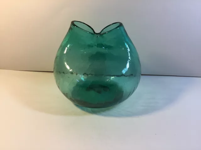 Vintage Blue Aqua Green Blenko Handcraft Art Handblown Glass Pinched Vase 5”