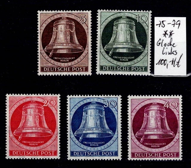 Berlin - MiNr.:  75 - 79, kpl. Satz Glocke links **, MNH, 100 M€