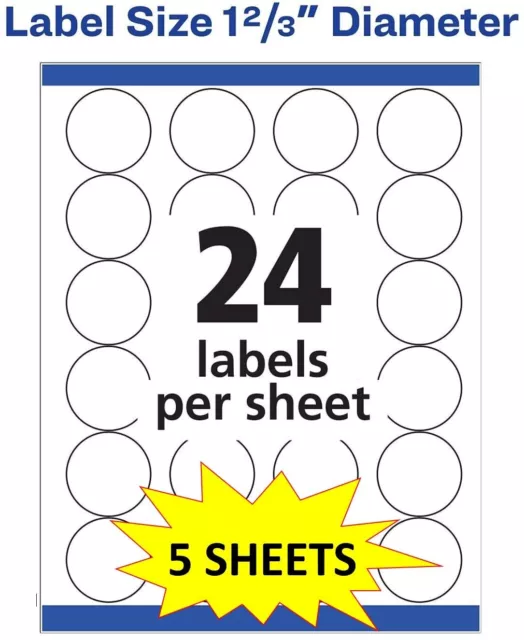 5 SHEETS x Avery 5293 High-Visibility - 120 Round Labels Laser 1 2/3 dia White