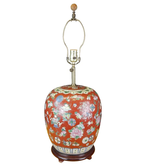 Vintage Chinese Famille Rose Porcelain Melon Vase Ginger Jar Urn Table Lamp 28"