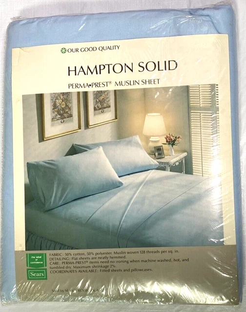 VINTAGE SEARS BLUE Full Size Flat Muslin Sheet NEW Perma Prest Hampton