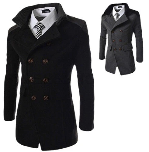 Mens Winter Woolen Trench Coat Double Breasted Warm Long Jacket Overcoat Outwear
