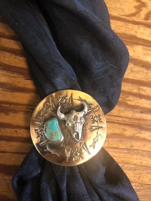 Scarf Slide/ Wild Rag Slide: brass 1 1/2" w/ Sterling Buffalo Skull and Turquois