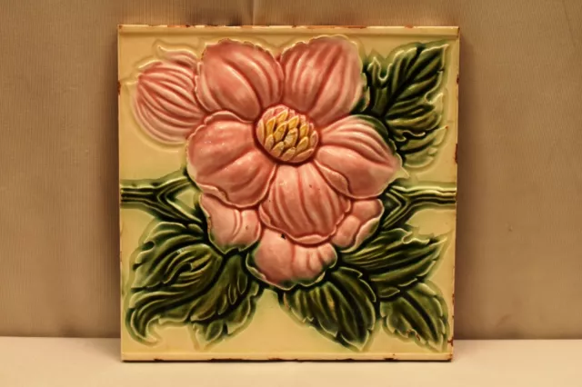 Ancien Carreau Art Nouveau Majolique Dk Japon Céramique Floral Ciselé Feuille "