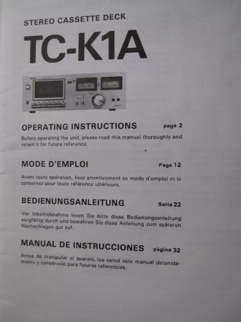 Bedienungsanleitung für Kassettendeck SONY TC-K1A.