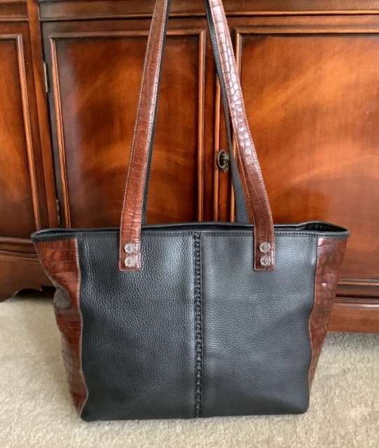 Vtg Brighton Brown Croc and Blk Pebbled Leather Tote Shoulder Bag Satchel Purse