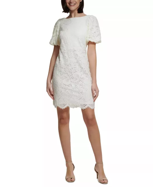 Jessica Howard Dress Size 10P Petite Ivory Allover Lace Puff Sleeve Shift NWT 99