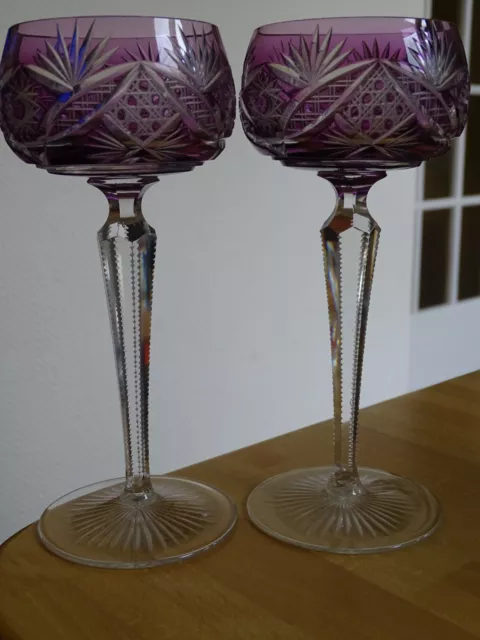 2 ANCIENS VERRES A VIN DU RHIN ROEMER CRISTAL DOUBLER COLORER AMETHYSTE ht 19,5