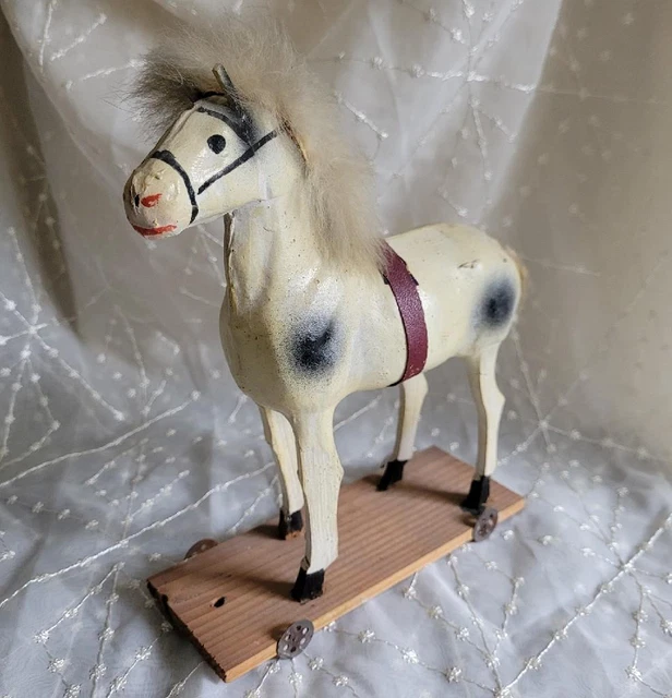 ANTIQUE Vintage PAPER MACHE Wooden Legs HORSE PENNY PULL TOY Wheels GERMANY Putz