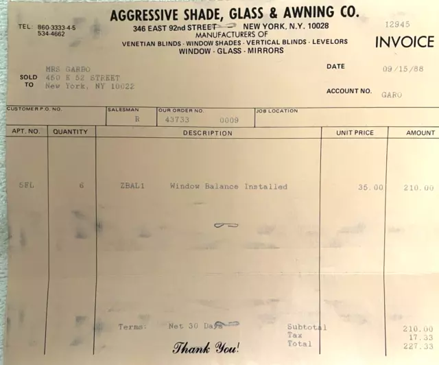 Mrs. Greta Garbo's Rare Original 1988 Window Installation Invoice!!!!!