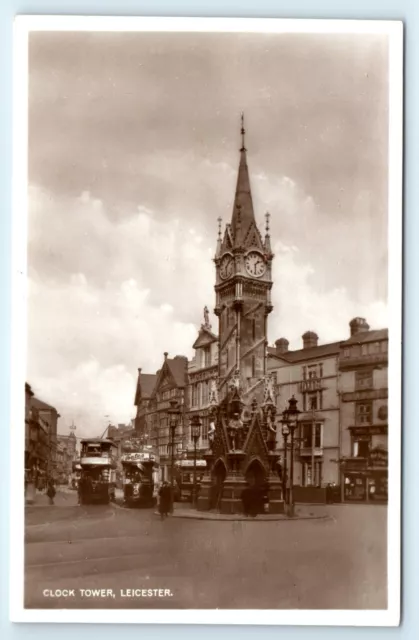 POSTCARD Leicester Clock Tower, electric trams, real photo RP