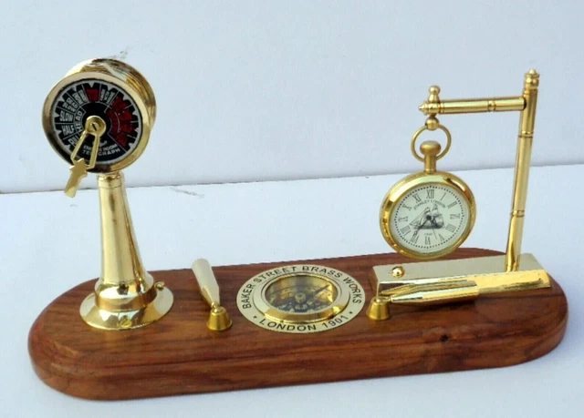 Portapenne Orologio in ottone Bussola nautica Telegrafo Base in legno Piano...