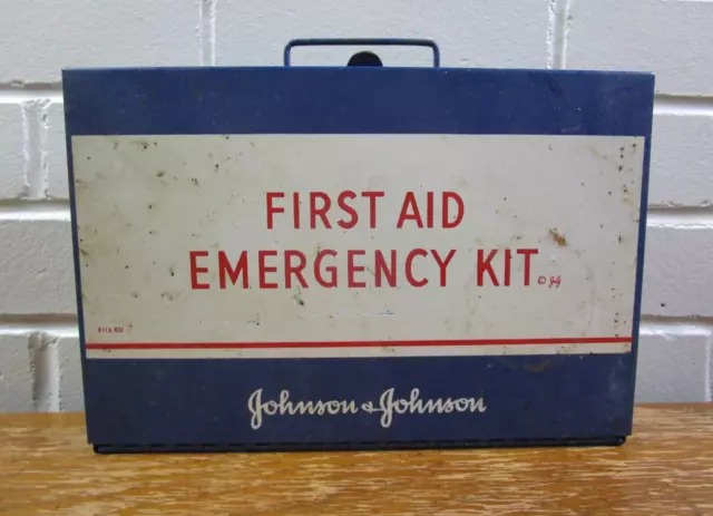 Vintage Wall Mount Johnson and Johnson First Aid Emergency Kit Blue Metal Box