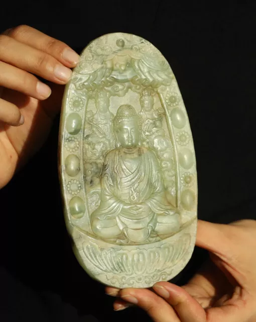 China old natural jade hand-carved statue buddha bi plate 6.7 in d4