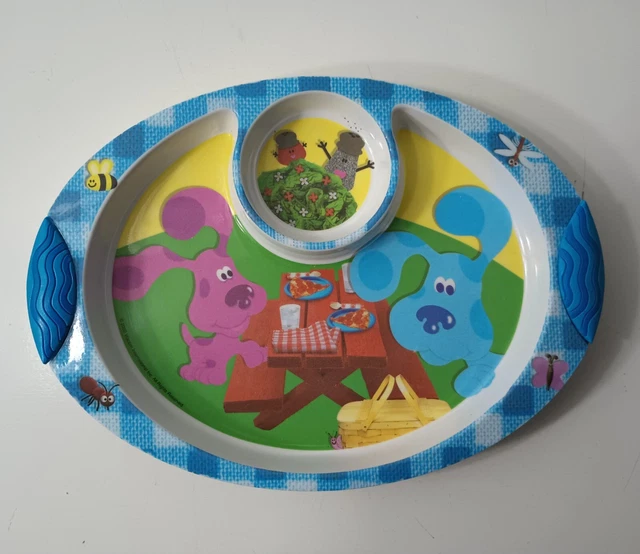 VINTAGE BLUES CLUES Plate w Cup Holder 9.5"x 7" Toddler Dinnerware
