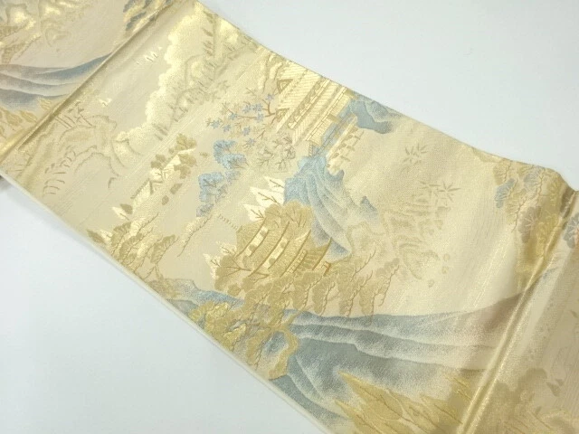 6436214: Japanese Kimono / Vintage Fukuro Obi / Woven Scenery Of Temple